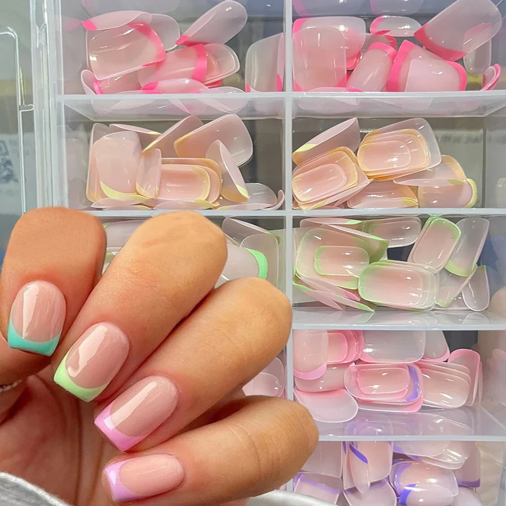 240/120/96pcs Candy French Press On Nails Tips Short Square Shaped Glossy Rainbow Lines Design Fake Nail For Fashion Party Woman_voghion.com