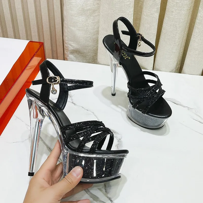 New model fashion show high-heeled waterproof platform steel pipe dance sandals for women with sequins and sexy rhinestones