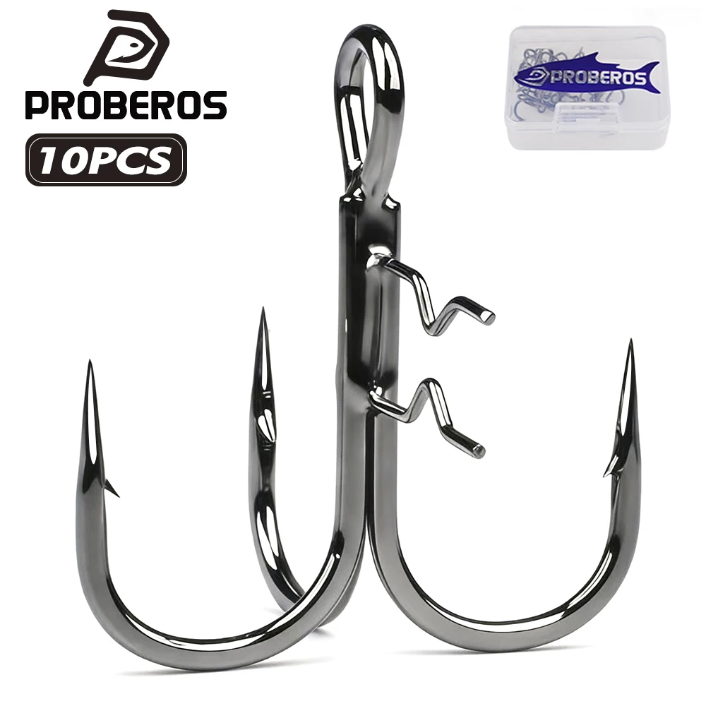 Proberos 10 Stück/Box T-Trebles Angelhaken mit Halter für Weichköder, Shad, Gummiköder, Extra Scharf, Dreifach Gezackt, für Meeresangeln