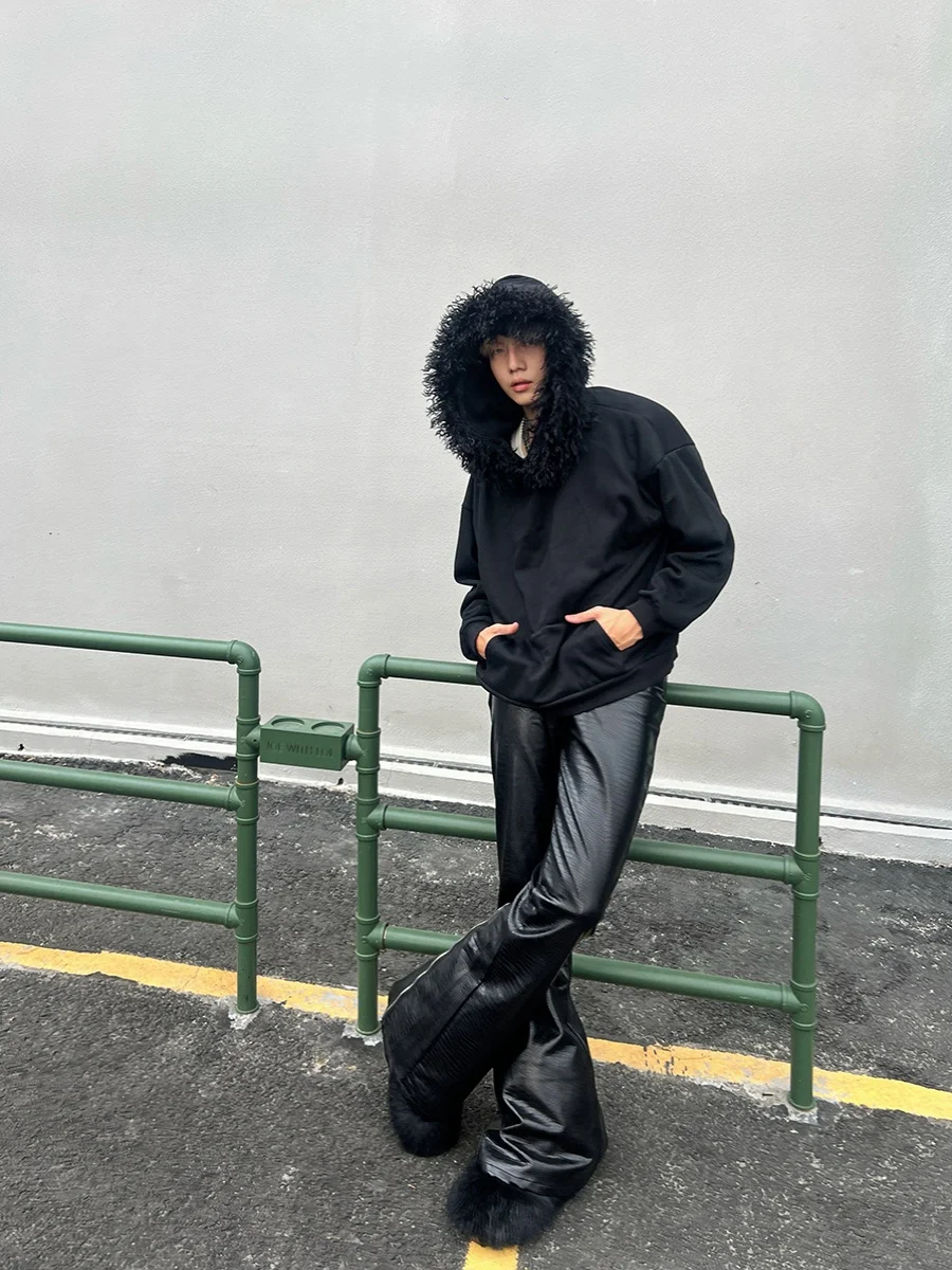 Niche Designer Style Rits Lage Taille Lange Pijpen Dweilen Donkere Leren Broek