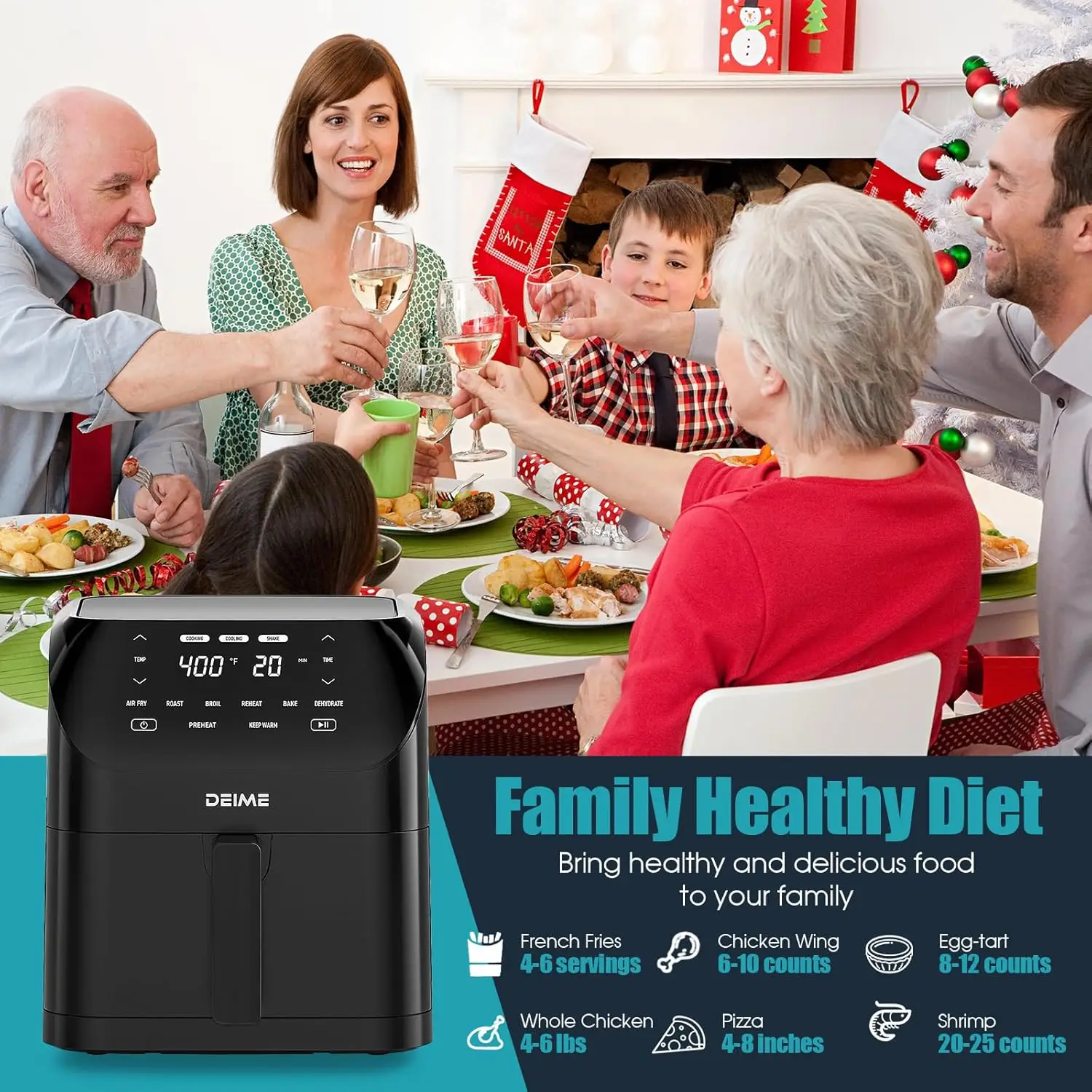 مقلاة هوائية سعة 6.2 كيو تي، فرن مقالي هوائية ساخنة بدون زيت، طباخ صحي 1500 وات مع 8 إعدادات مسبقة، شاشة LCD رقمية تعمل باللمس، Visua