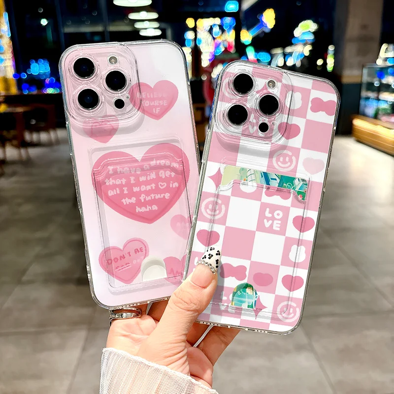 Чехол для телефона с электрокардиограмой LOVE Grid для iPhone 11, 12, 13, 14, 15, 16 Pro Max Plus X XS XR 16E, мини-карман для карт, чехлы