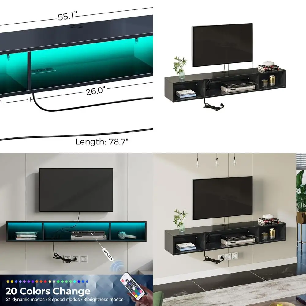 TV Stand with Power Outlet, Floating TV Stand with RGB Lights, 55.1