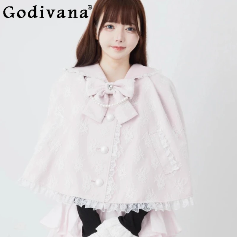 

Японский милый модный плащ с капюшоном, осенне-зимний новый женский сладкий бант, жемчужное кружево, тяжелая промышленность, короткая куртка, женские накидки