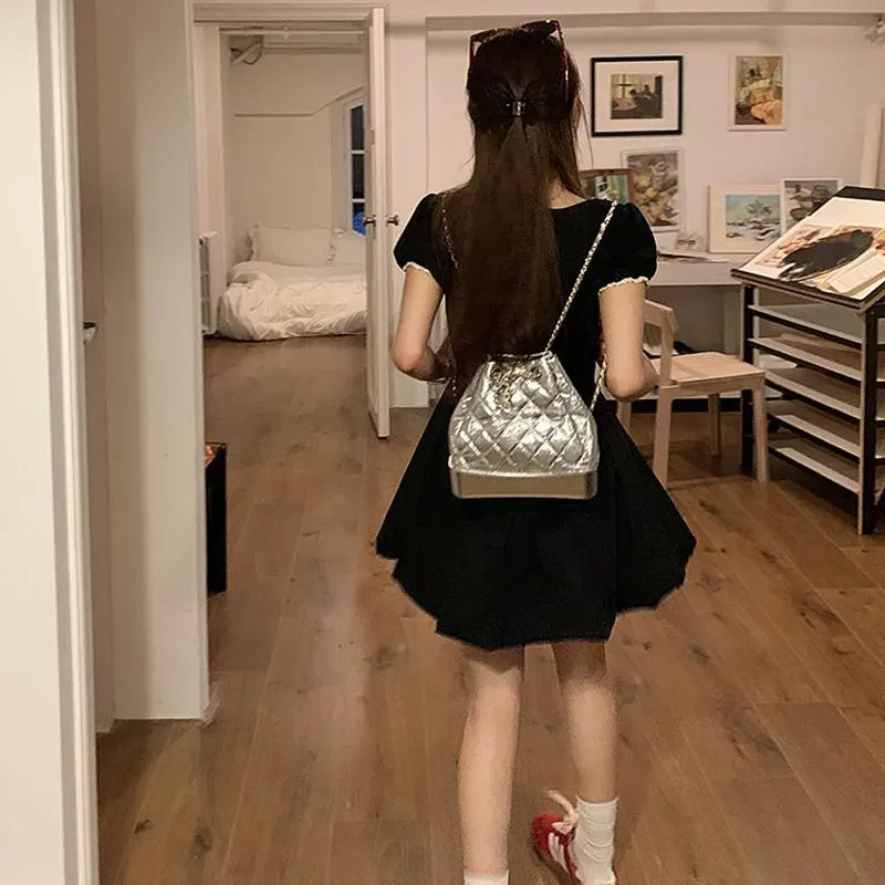 Summer Sweet Ball Gown Mini Dress Stylish Lace Spliced Women\'s Clothing Drawstring Hotsweet Short Sleeve A-Line Waist Dresses