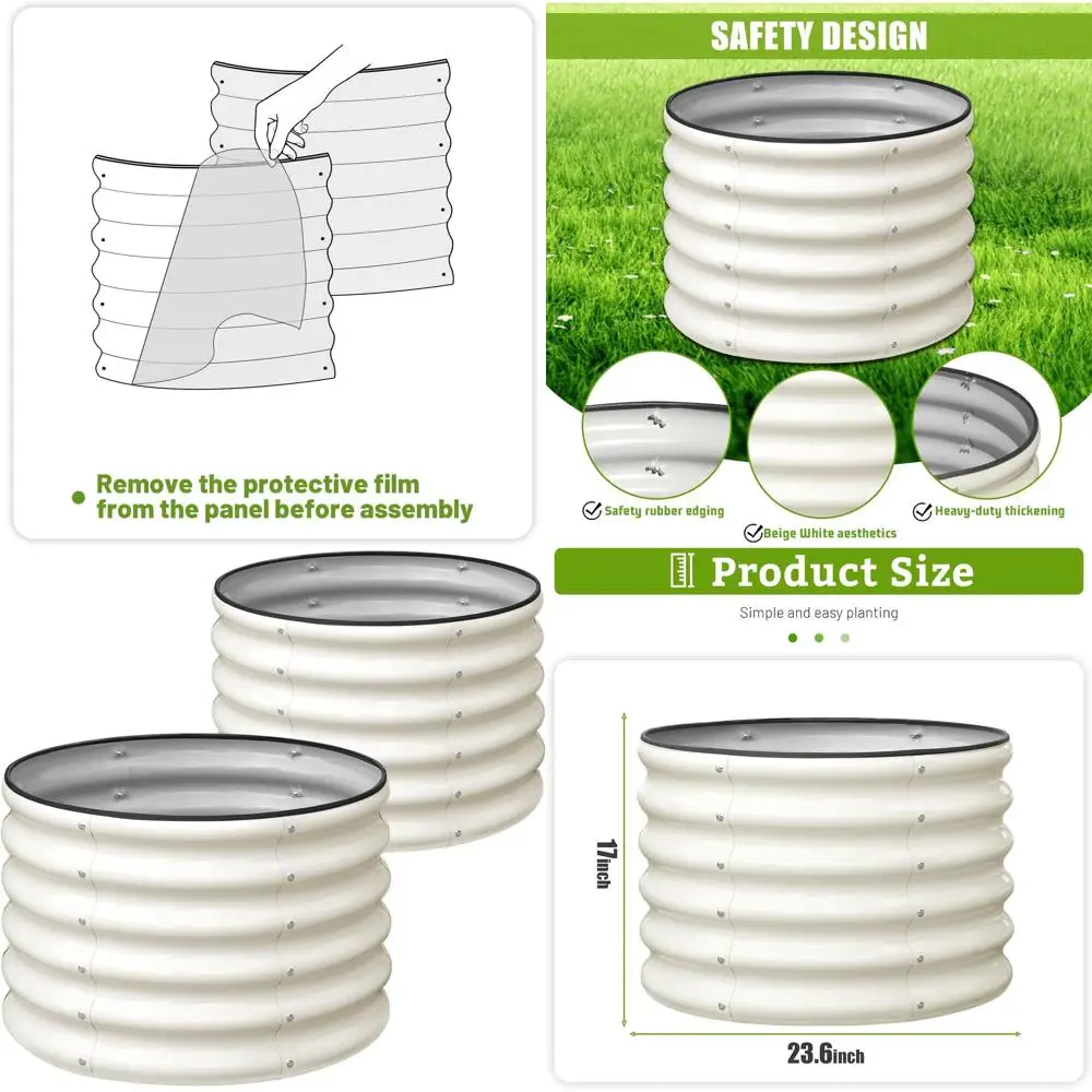 Raised Garden Bed Set, 2x 2x1.5ft Round Galvanized Outdoor Planter, 17 Tall Deep Metal Bed for Vegetables, Fruits, Flowers, Whit