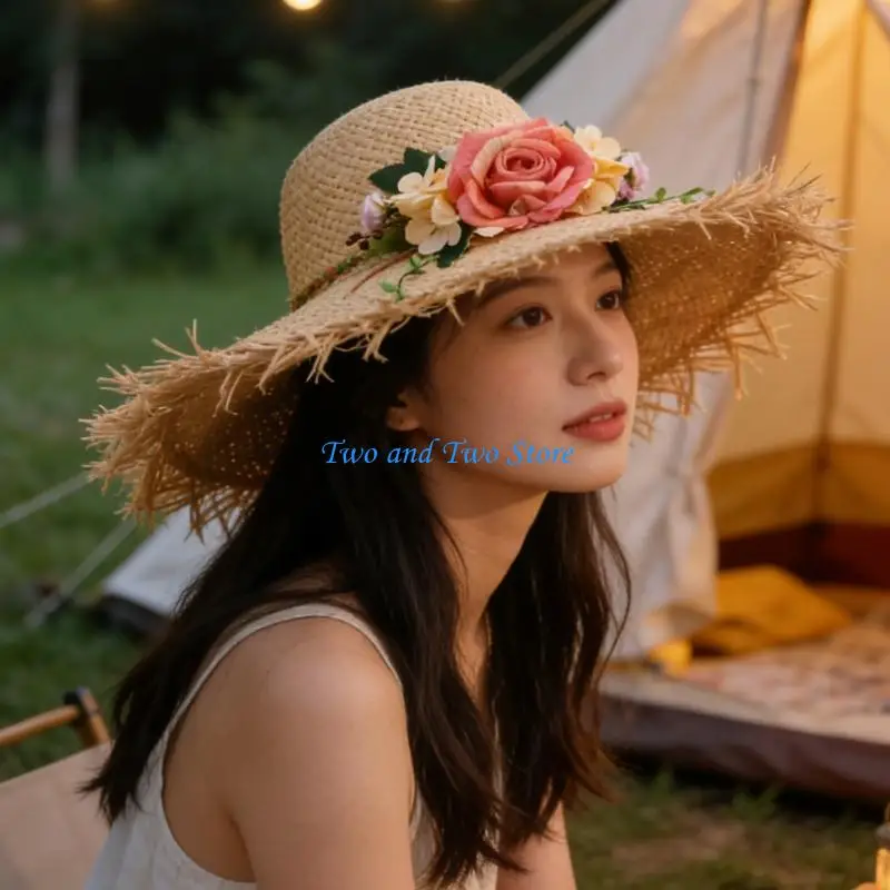 HX6F Wide Brims Beach Cap Elegant Straw Fisherman Hat With Floral Accents Enduring