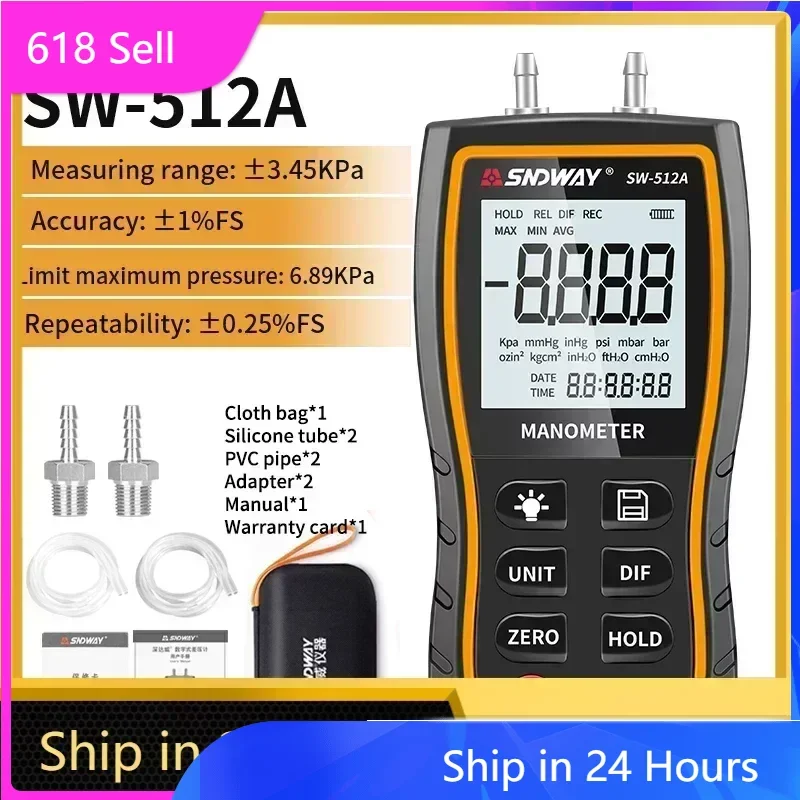 

FANYUE SW-512 Digital Manometer Air Pressure Gauge Professional Pressure Differential Detector ±103.42 KPa Meter Kit Tool