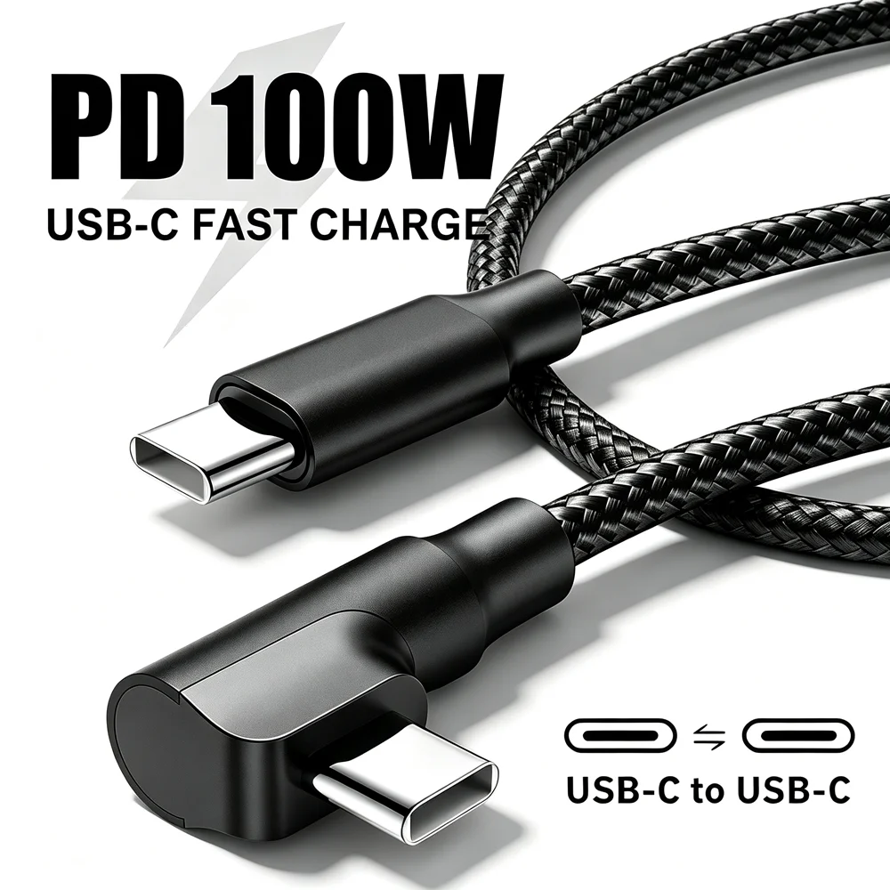 100W USB-C 90° Elbow Fast Charging Cable For iPhone 18 17 16 15 Pro Max Duo Samsung Xiaomi Redmi POCO Type-C Braided Cable 1m 2m