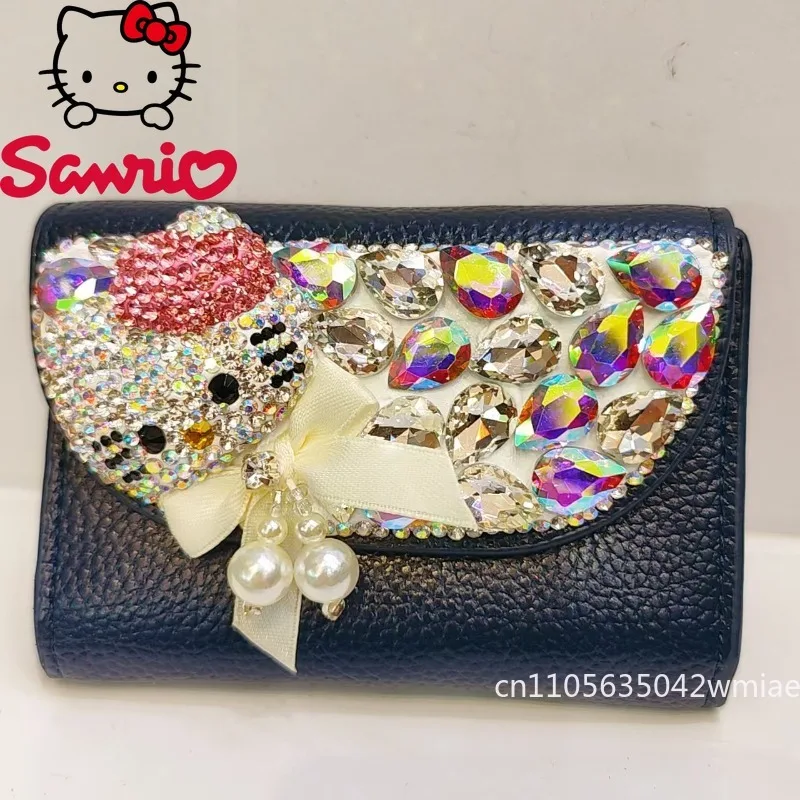 Hello Kitty New Women's Mini Wallet with Diamonds High-quality Short Coin Purse Black Versatile Banquet Lipstick Storage Bag