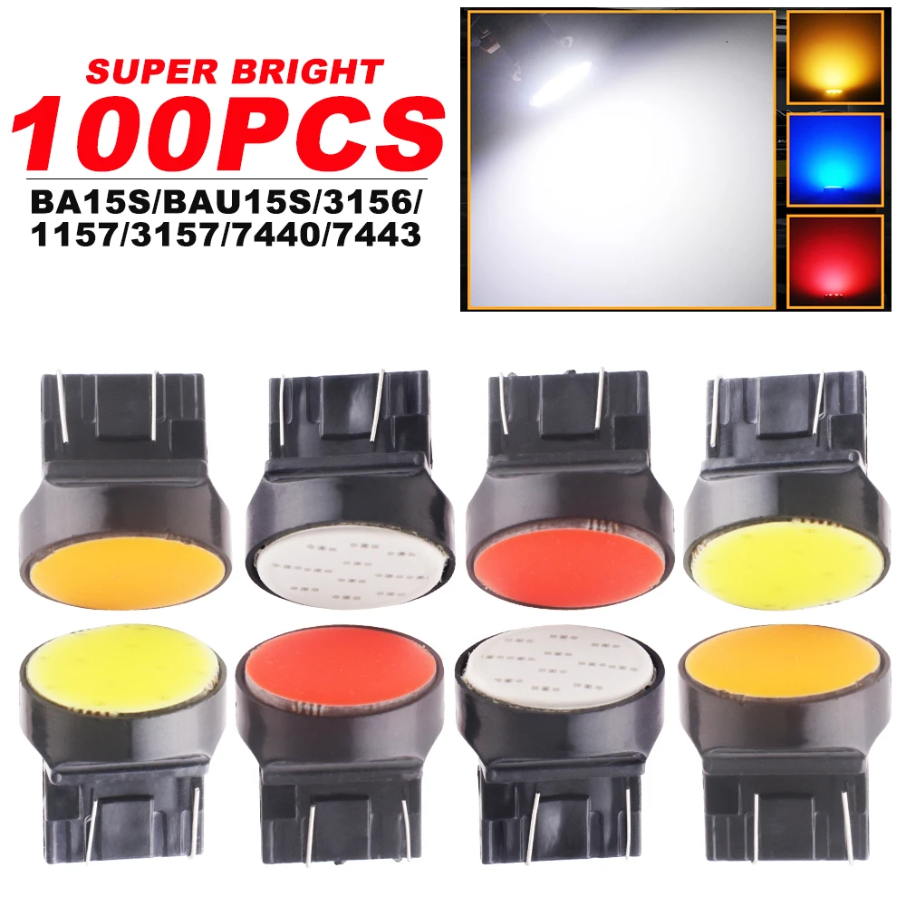 

100pcs DC12V BA15S BAY15D 3156 3157 7440 7443 COB 12 SMD LED Cars Rear Turn Signal Parking Lights White Blue Red Amber Ice blue