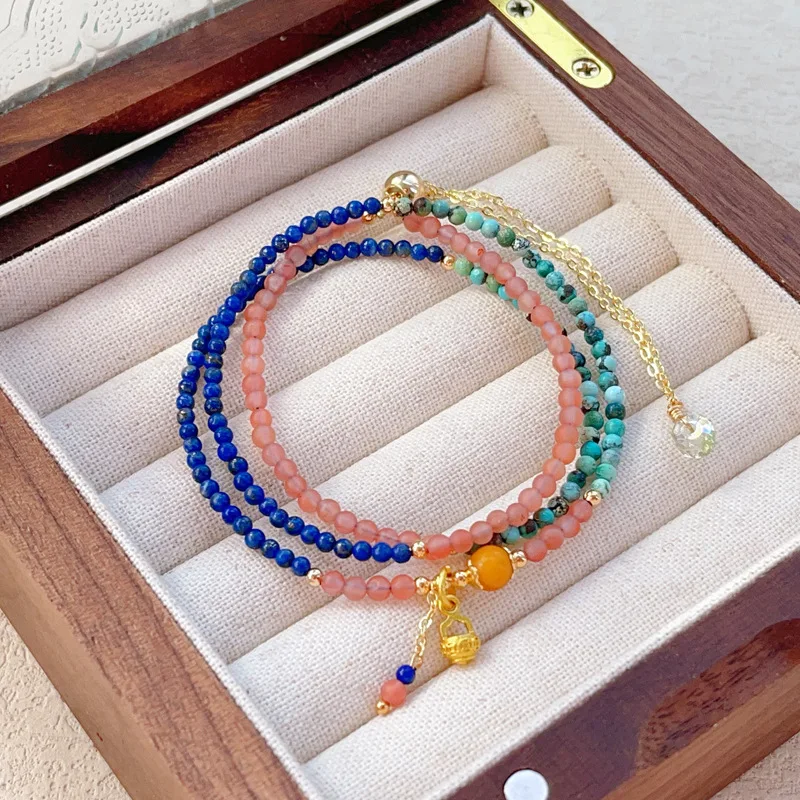 

Bohemian Style Multi-Gemstone Bracelet with Blue Turquoise Beads and Amber Colorful Crystal Necklace for Women Couple Bangle