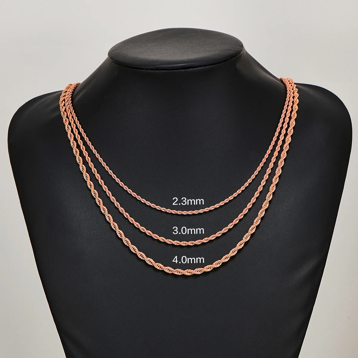 2.3mm/3mm/4mm Rose Gold Color Stainless Steel Twisted Rope Necklaces Classic Men Boy Chain 16 to 30 Inches