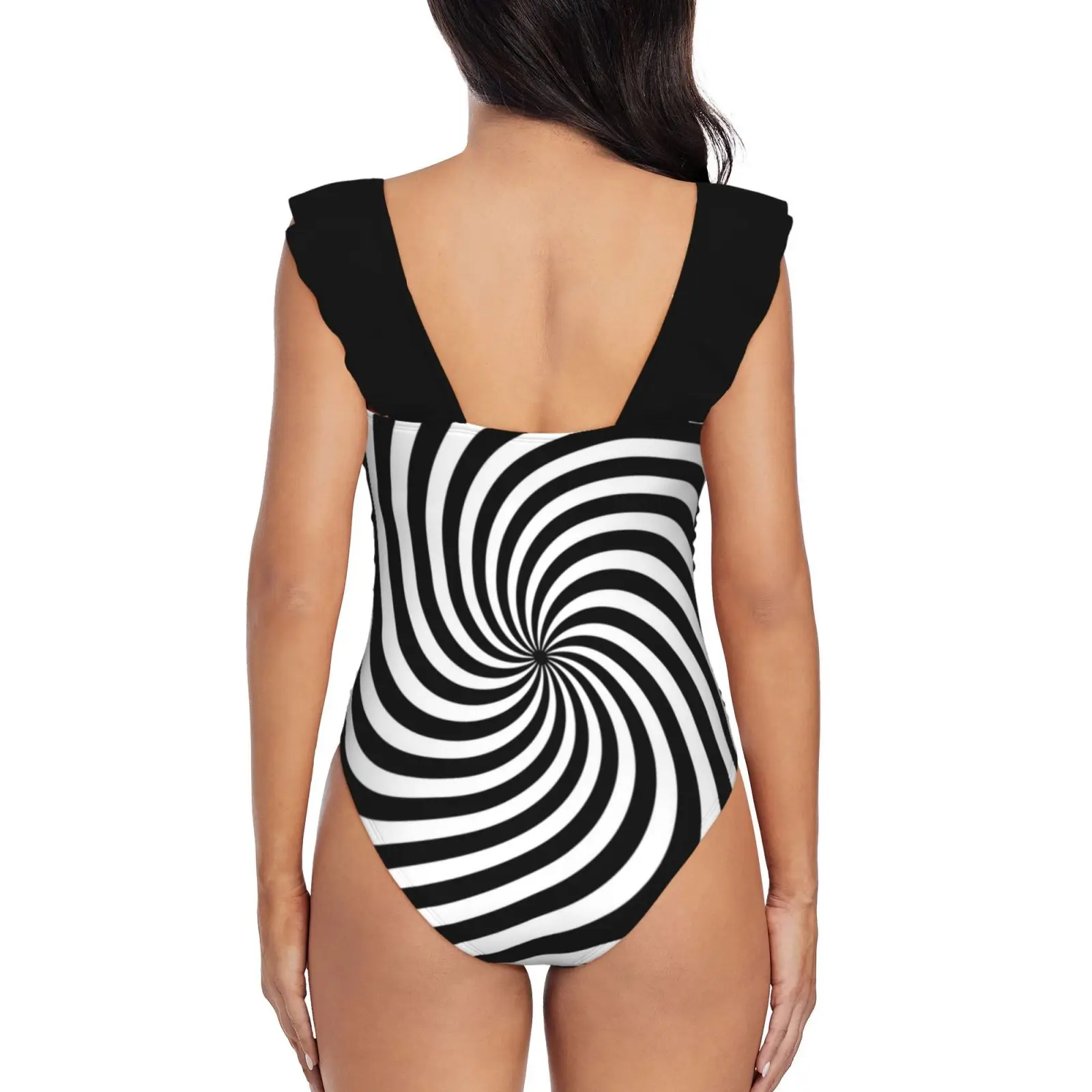 Black And White Op-Art Spiral Sexy One Piece Swimsuit Women Swimwear Monokini Ruffle Bathing Suit Beach Wear Optical Retro