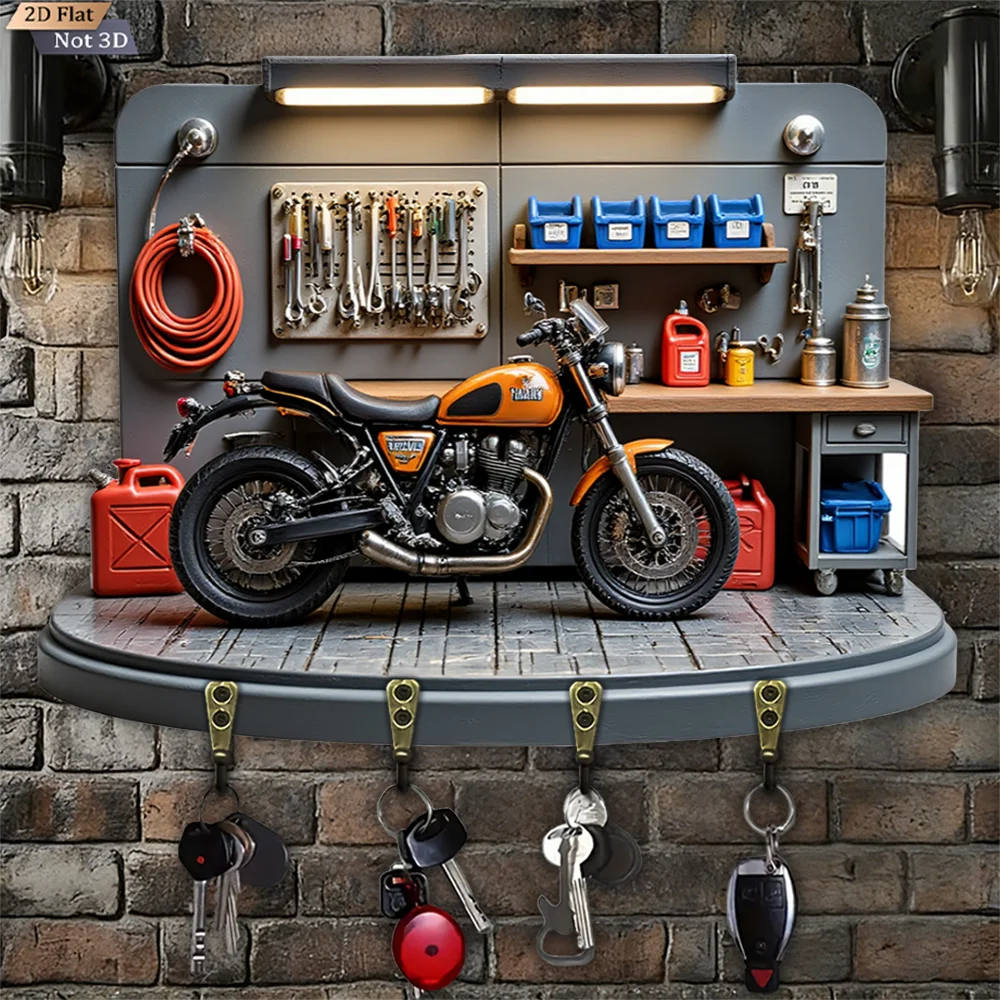 2D Flat, 1pc, Motorcycle Key Hook, Wooden Multifunctional Home House Key Hook with Four Metal Hooks, Wall Decoration, Porch