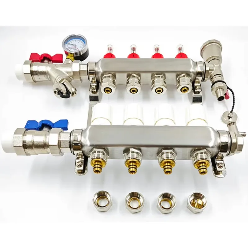 Colector de agua para calefacción de radiador de latón, acero inoxidable, 2-12 circuitos, con medidor de flujo, colector Ss