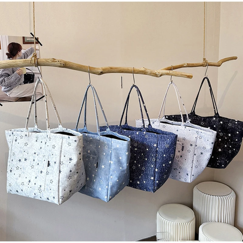 Koreanische Tragetasche mit Sterndruck, Damen-Shopper-Schultertasche, geräumige Handtasche für den täglichen Gebrauch, einfarbig, vielseitig, minimalistisch – Detail 36