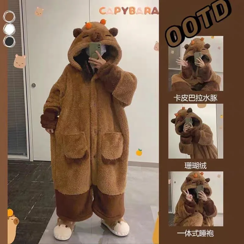 New Hot Cute Capybara Winter Pajama Cartoon Animal Soft Plush Jumpsuit For Adults Kawaii Velvet Pajama Night Robe Cosplay Suit