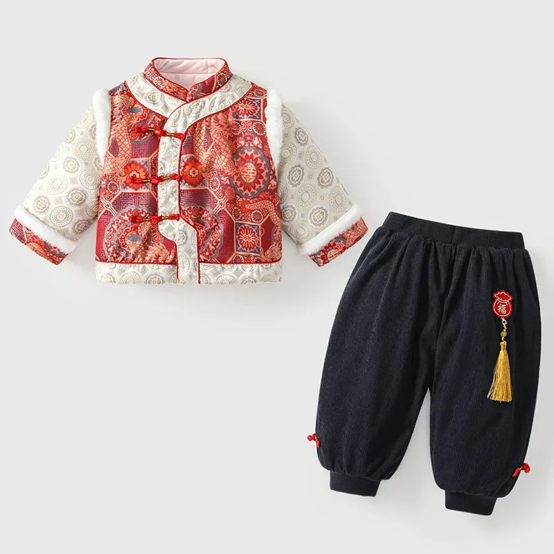 

Зимняя одежда для мальчиков из 2 предметов, традиционная китайская одежда на Новый год, детская модная одежда с принтом, красные топы с длинными рукавами + брюки, комплекты для малышей B187