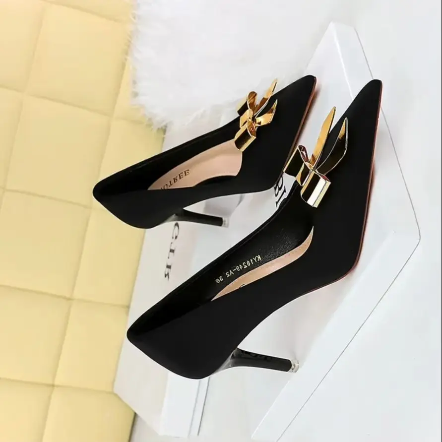 

BIGTREE Shoes Metal Bowknot Women Pumps Silks Satins Women Heels 7.5 cm Stilettos Luxury Banquet Shoes Large size 43 Kitten Heel