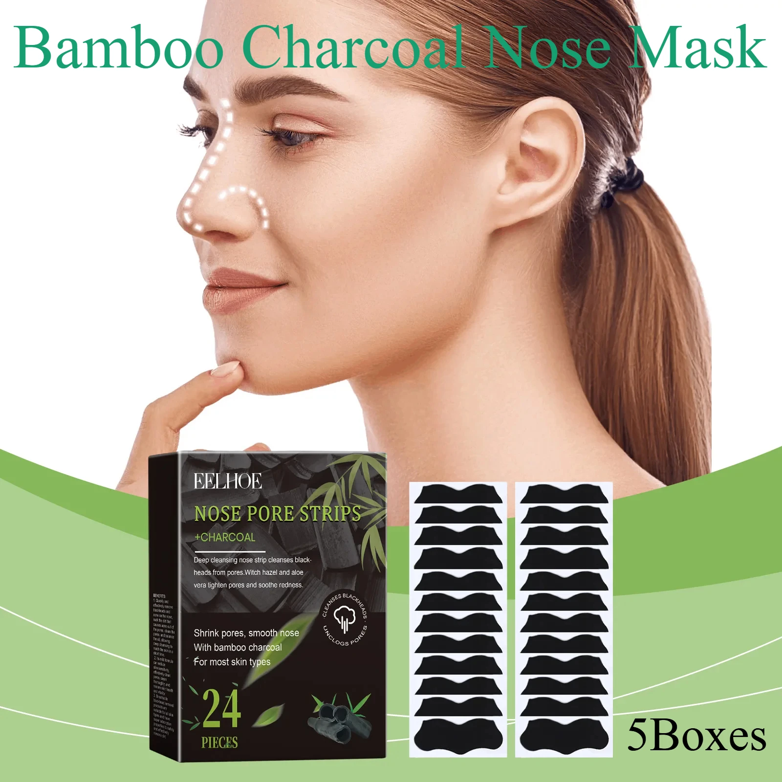 5 boxes Bamboo Charcoal Nose Mask Stickers Gentle Non Irritating Clean Pores Removes Blackheads Controls Oil T-zone Care Product