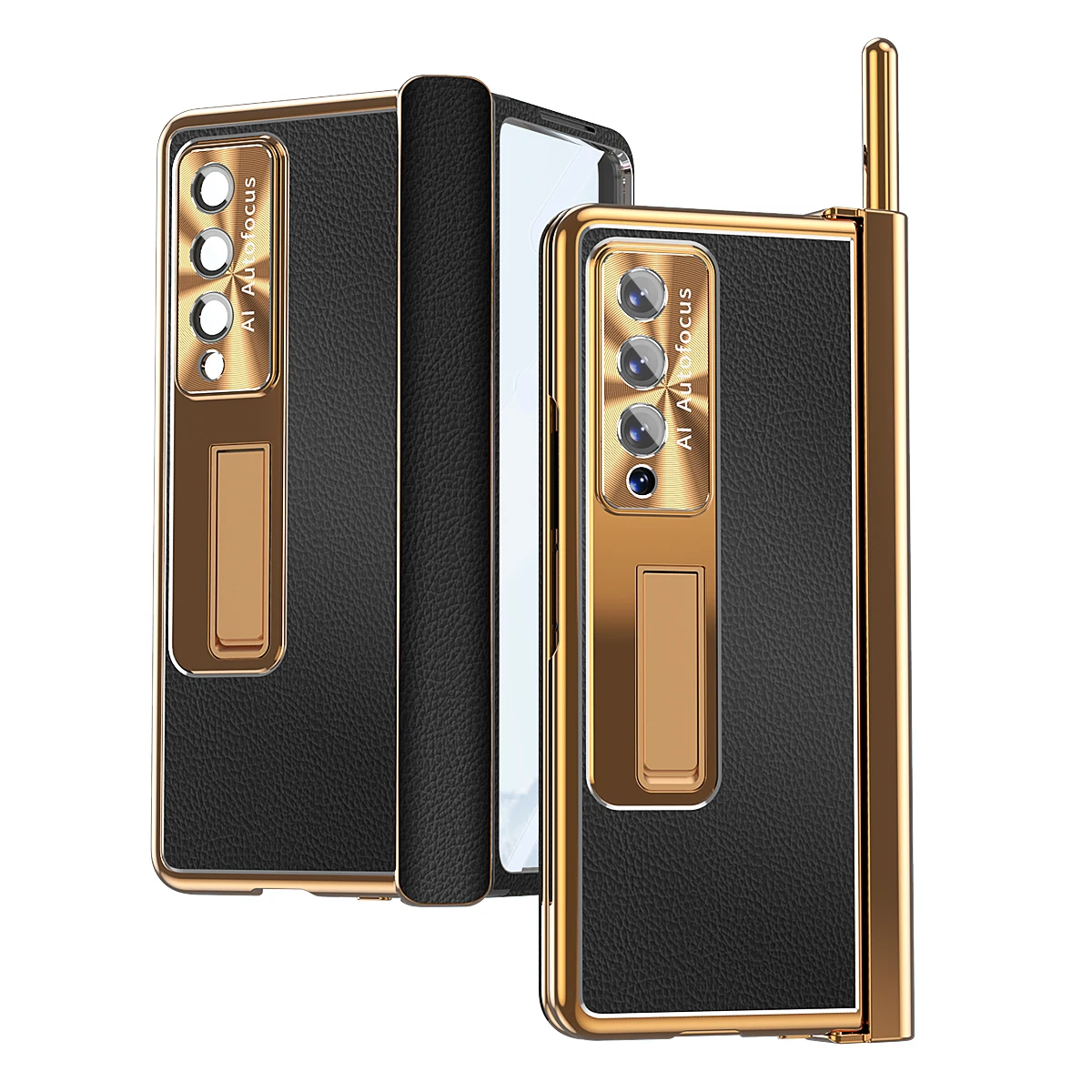 With Touch Pen Case For Samsung Galaxy Z Fold 6 5 4 3 2 Plating Leather Hinge Stand Tempered Film Folding Magnetic Cover