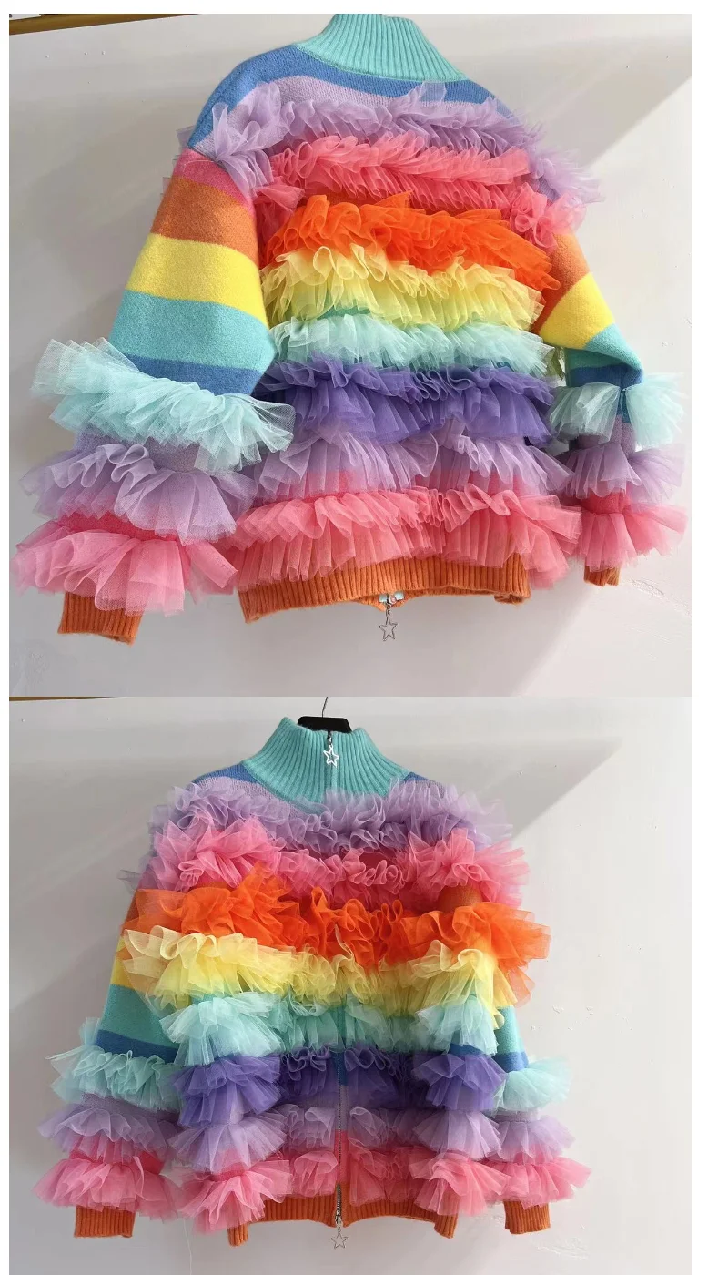 Chic Rainbow Striped Contrast Color Mesh Spliced Sweater Coat Gauze Patchwork Ruffles Cardigan Ruched Knitwear Jumpers Crop Tops