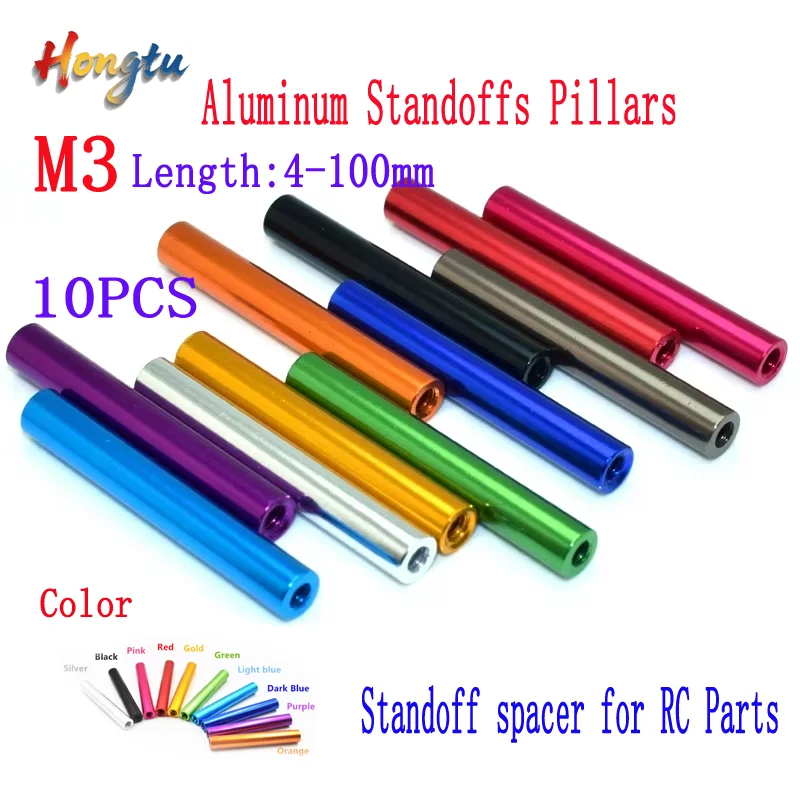 

10pcs Aluminum Standoffs Pillars 3mm M3 anodized aluminum Column Rods Round standoff spacer for RC Parts Length=4 ~ 100mm