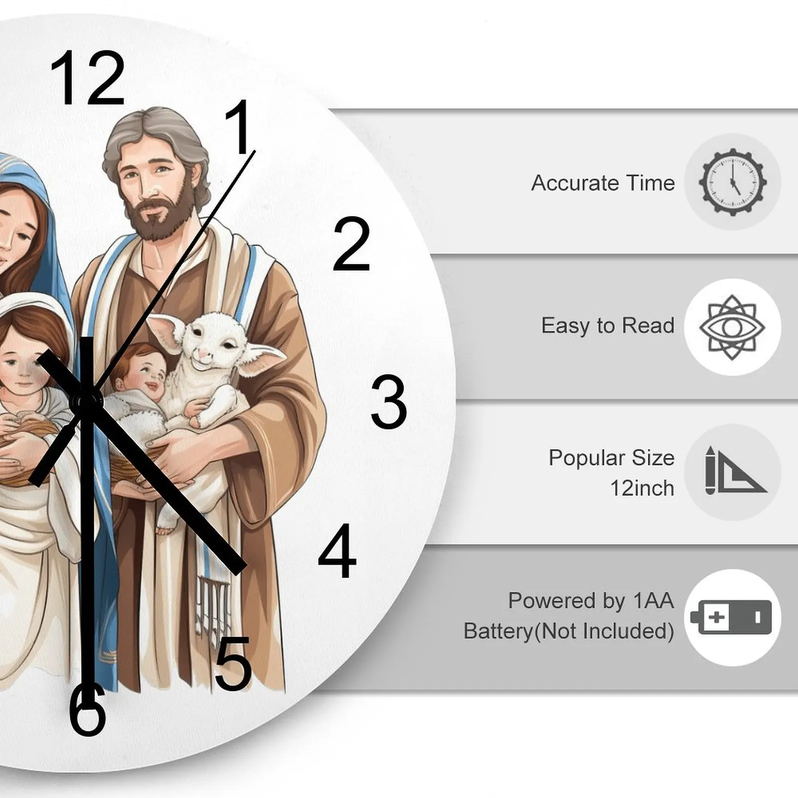 Hallway Wall Clock Religious Christ Bible Jesus Clocks 12 inch Mute Fashion Round Creative Easy Assemble Modern