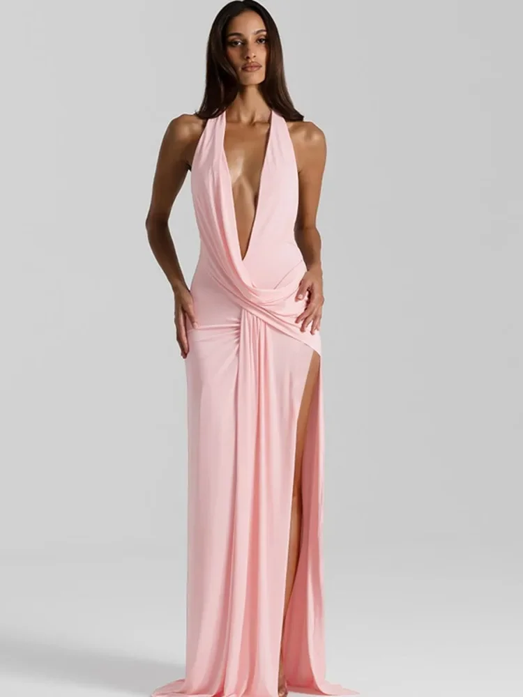 Halter profundo decote em v sem costas sexy maxi vestido feminino moda irregular sem mangas coxa alta divisão clube vestidos de festa