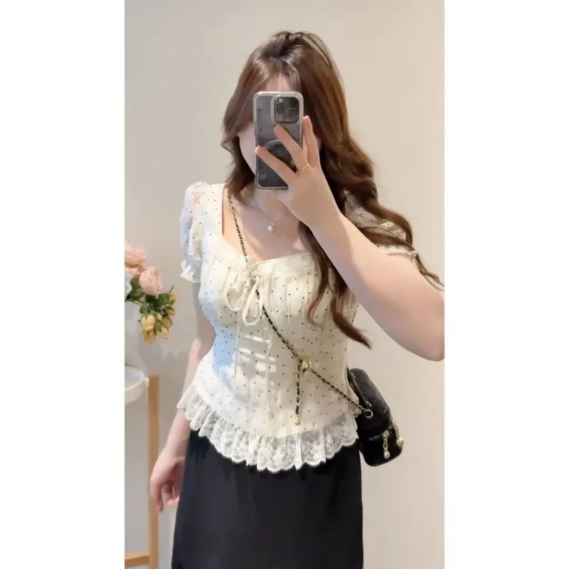 

Women's White Polka Dot Square Neck Blouse with Puff Sleeves Lace Trim Front Tie
