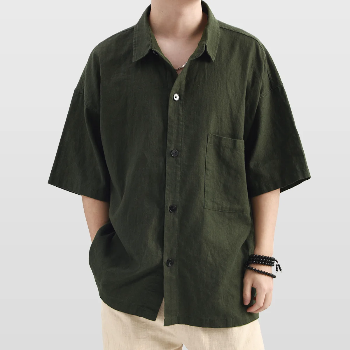 

Новая летняя мужская хлопково-льняная рубашка, простые однотонные свободные рубашки с отложным воротником и короткими рукавами с нагрудным карманом