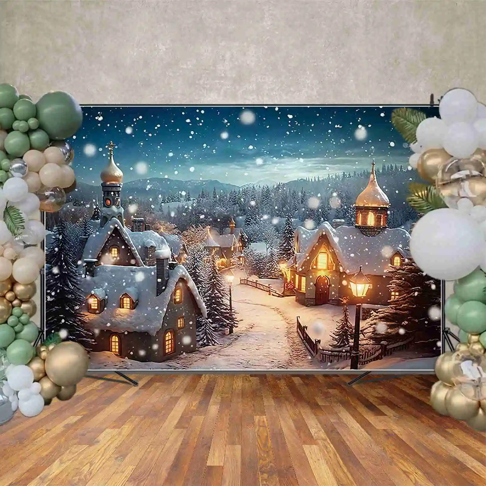 MOON.QG Winter Christmas Village Backdrop Home Decoration Photography Studio Background New Year Snow Town Mountain Back Drop