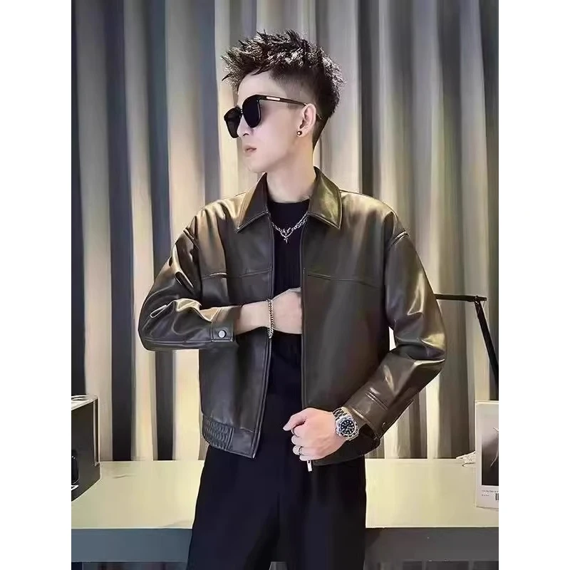 

Повседневная мужская куртка из искусственной кожи, приталенная, с глянцевым эффектом, молодежная, с длинными рукавами, на молнии, новинка весна-осень