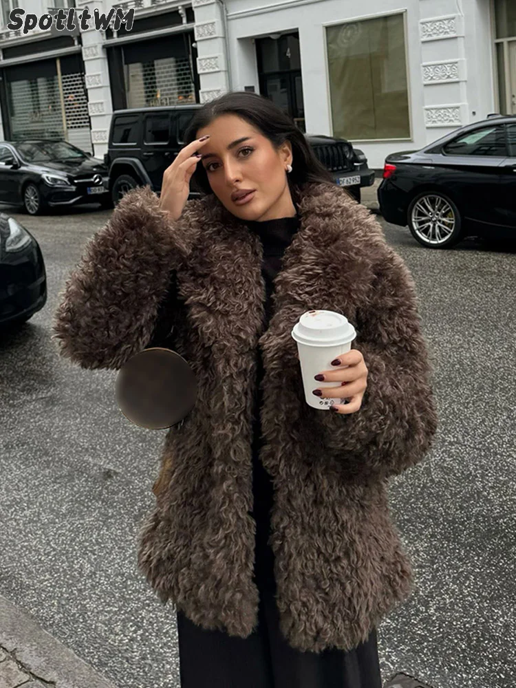 Elegant Brown Lapel Fluffy Faux Fur Coats Women Fashion Warm Long Sleeve Jackets 2024 Autumn Winter Female High Street Outerwear