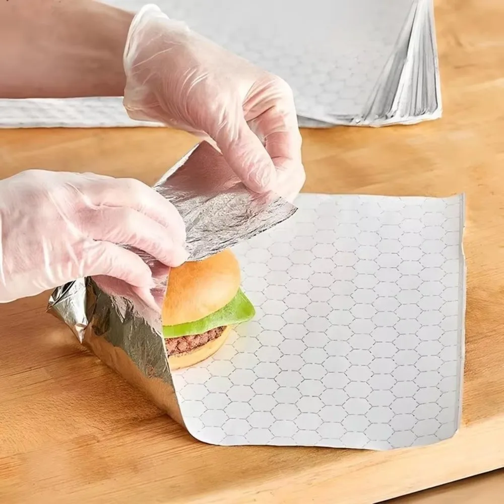 50Pcs Deli Thermal Insulated Foil Wrap Sheets Hot Food Compatible Aluminum Foil Sandwich Wrapping Paper Restaurant Catering