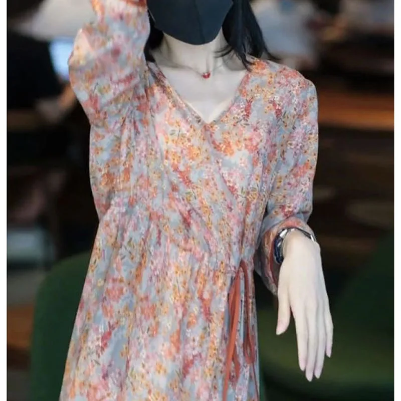 Korean Temperament 2024 Summer New Women\'s A-Line Dress V-Neck Printed Drawstring Elegant Loose Three Quarter Casual Long Dress