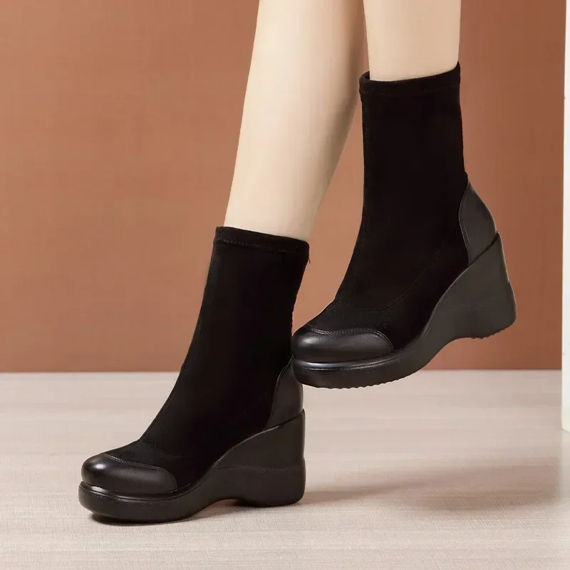 8cm Small Size 32-43 Comfortable Flexible Platform Wedges Shoes Ankle Boots Winter 2024 High Heels Sock Boots Elastic Office