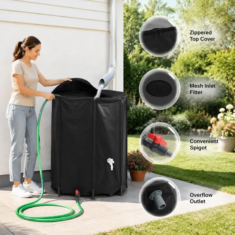 Réservoir collecteur d'eau de pluie pliable 750 L en PVC résistant aux déchirures, robinet anti-fuite avec valve ABS, couvercle filtrant en maille, structure légère facile à ranger, parfait pour NONE