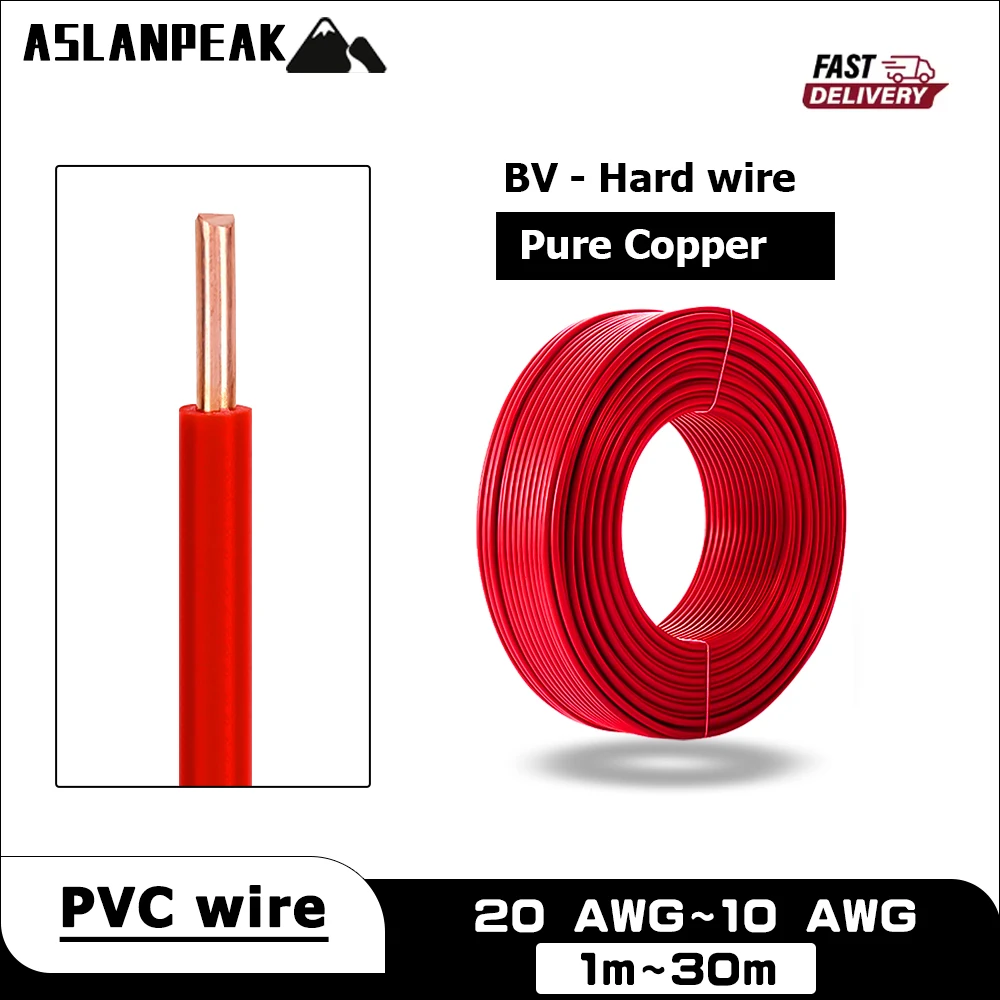 

BV-Red 20-10AWG 1-100m PVC Solid core Hard Copper wire Single core copper cable Lighting power extension cable Electrical wires