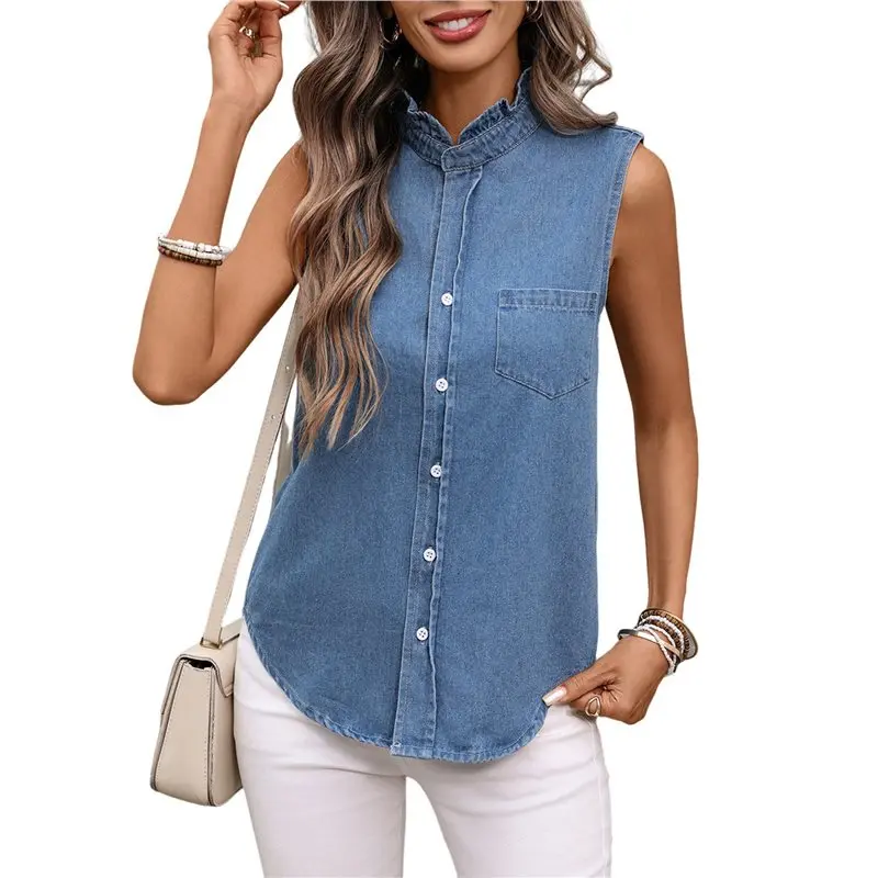 

Женская джинсовая майка-топ CYL с V-образным вырезом, на пуговицах, с воротником, без рукавов, повседневная блузка-рубашка