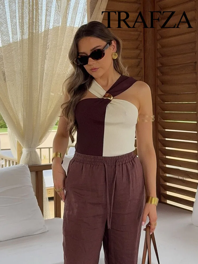 

TRAFZA 2025 Female Fashion Chic Sleeveless Knitted Tops Hang-Neck Collar Backless Women's Summer Sexy Slim Short Tops 2 Color