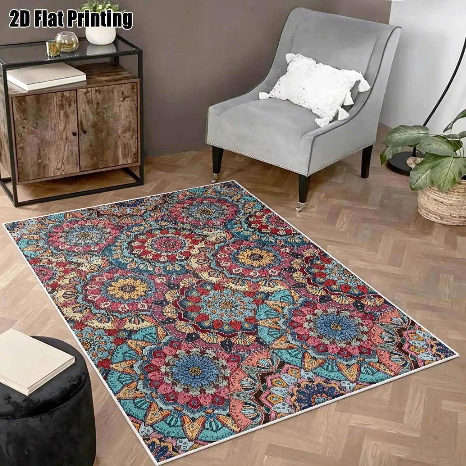 1Pc 2D Printed Retro Bohemian Floral Velvet Carpet, Multi-Size Machine Washable, for Home Decor & Multi-Scenarios