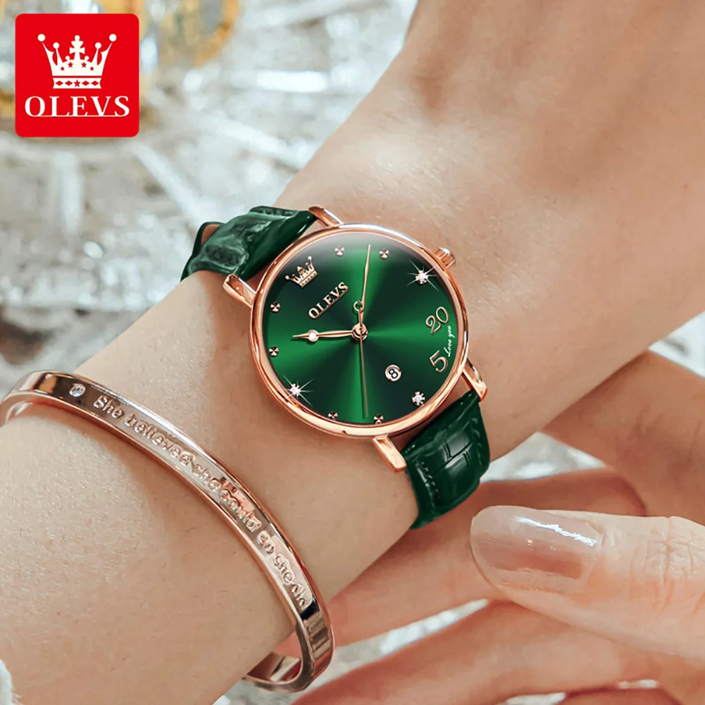 OLEVS 5505 Original Quartz Watch for Women Fashion Genuine Leather Strap Calendar Waterproof Women\'s Wrist Watch Gifts