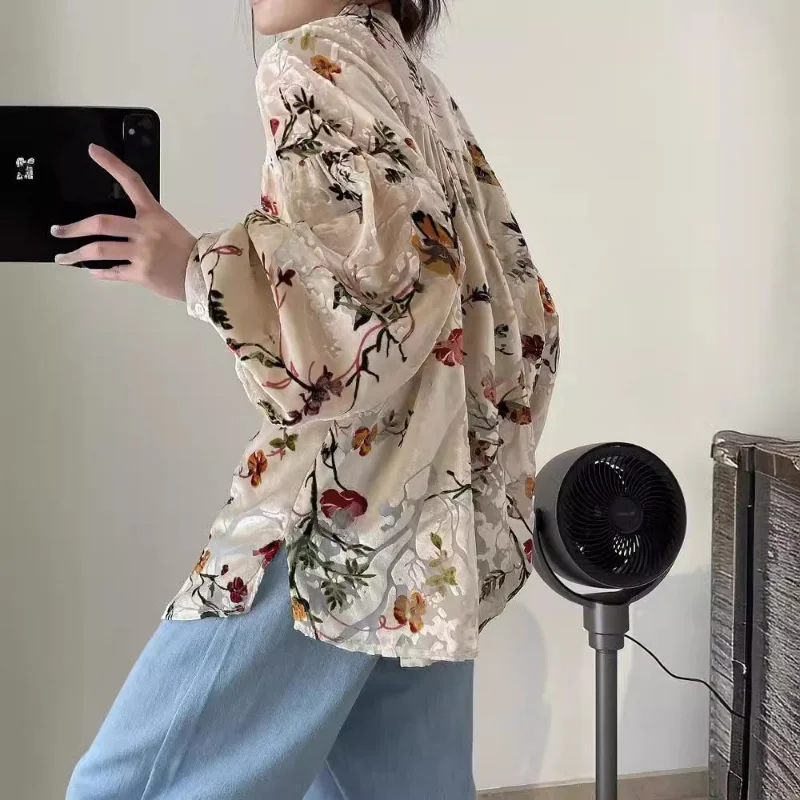 Vintage Wine Velvet Print Loose Shirt for Women Fashion Basic Simple Stand Collar Casual Elegant French  Korean Chic Lady Blouse