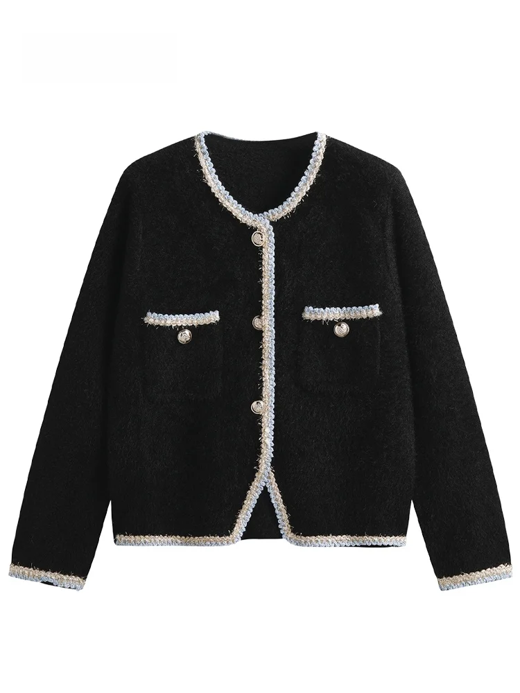 JZZDEMM Cardigan ouvert boutonné en perles pour femme Gilet en fausse fourrure de haute qualité Long Sve Slim Fit rétro Sle Faionable