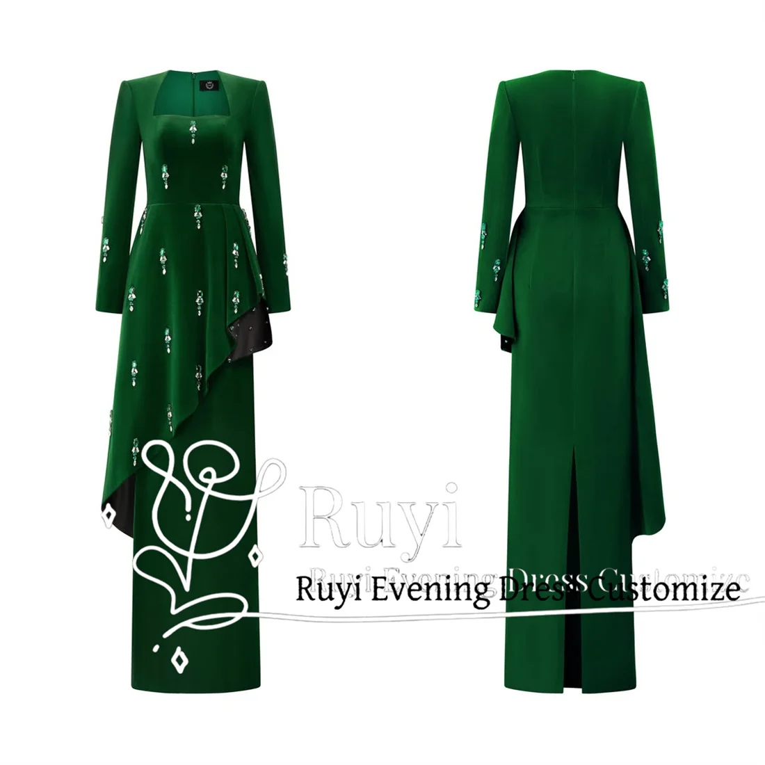 Customized Green Velvet Beaded Stones Elegant Women Evening Dress Long Sleeves Back Slit Formal Prom Dress For Special Occasion