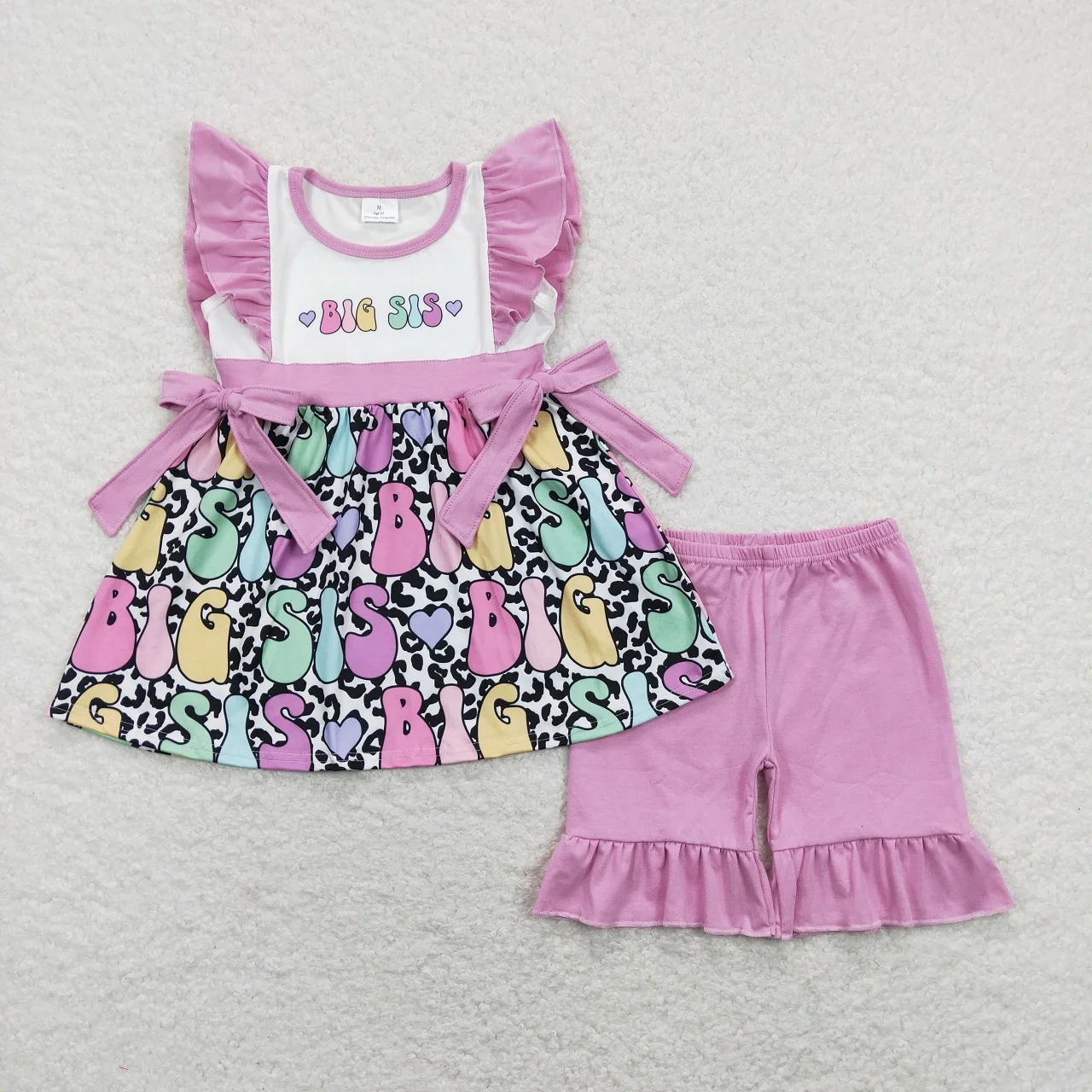 

Wholesale Infant Outfit Baby Girl Summer Short Sleeves Sister Bow Leopard Tunic Toddler Kids Purple Ruffle Shorts Children Set