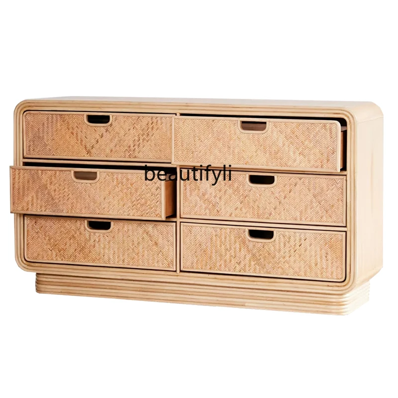 Drawer Dresser Rattan Woven Side Cabinet Side Locker Living Room Retro Six Bucket Storage Cabinet B & B furniture