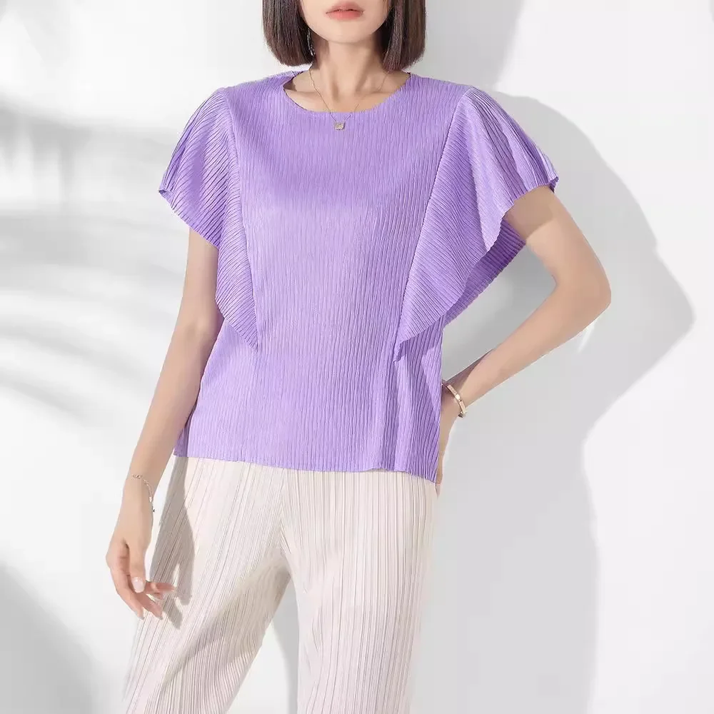 Miyake Pleated 2024 Summer New Commuter Large Size T-shirt Women's Round Neck Bat Short-sleeved Loose Solid Color Versatile Top